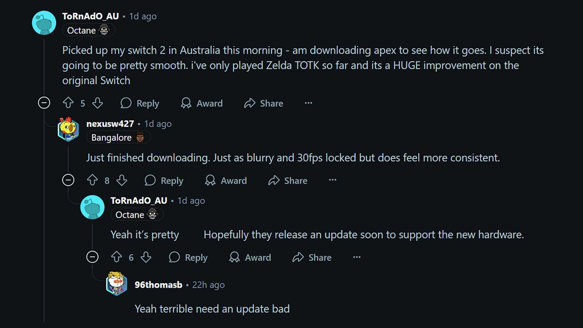 Apex Legends fans run personal tests on the Switch 2 (Image via Reddit.com)